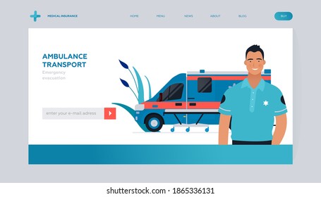 Driver Standing near Ambulance Transport. Emergency Evacuation. Modern Flat Vector Concept Illustration. Insurance Landing Page Design Template. Website Banner.