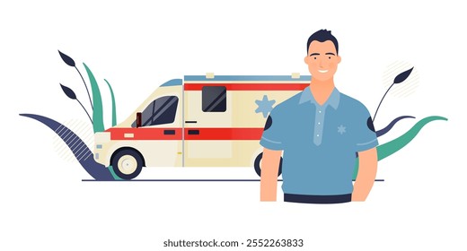 Condutor em pé perto do Transporte de Ambulância. Evacuação De Emergência. Ilustração moderna do conceito de vetor plano.