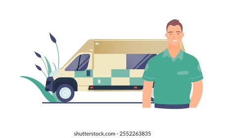 Driver Standing near Ambulance Transport. Emergency Evacuation. Modern Flat Vector Concept Illustration.
