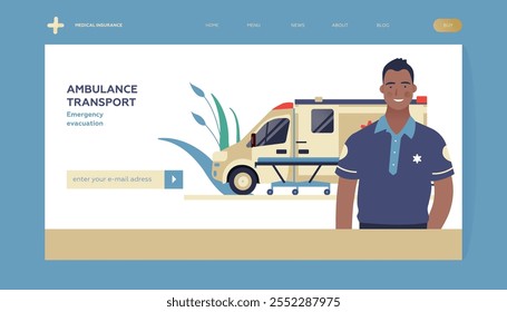 Driver Standing near Ambulance Transport. Emergency Evacuation. Modern Flat Vector Concept Illustration. Insurance Landing Page Design Template. Website Banner.