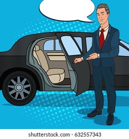 Driver Standing near Black Limousine. Chauffeur of Luxury Car. Pop Art vector illustration