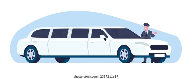 Driver standing next to limo. Car driving. Luxury automobile. Chauffeur in uniform. Auto transportation. Expensive vehicle. White limousine for wedding. VIP transport