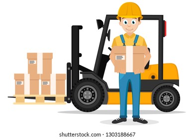 Driver stands with a box in his hands and a forklift with a load on a white.