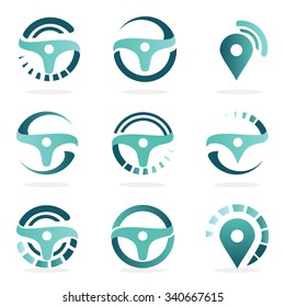 Driver. Steering Wheel. Auto Car Vector Logo Set. Location, Navigation, Movement, Control Icons.