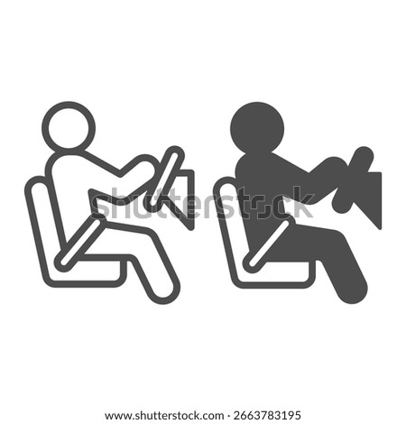 Driver and steering wheel, chair line and solid icon, learners permit concept. Vector graphics. Man with seat belt, driving sign on white background, outline style icon for mobile or web design