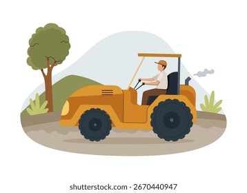 Driver steers a yellow tractor along a country field road. Farming concept, Agriculture illustration