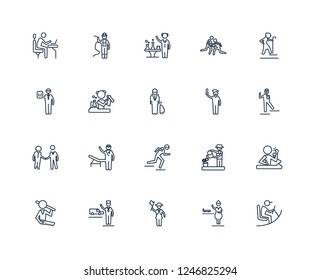 Driver, stewardess, Guide, Taxi driver, carpenter, Pensioner, Actor, athlete, HR Specialist, Chemist, Scientist outline vector icons from 20 set