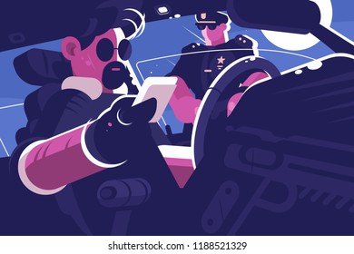 Driver Stop By Police Patrol Document Verification. Policeman Inspection Car And Checking Driver License Or ID Card. Flat Style. Horizontal. Vector Illustration.
