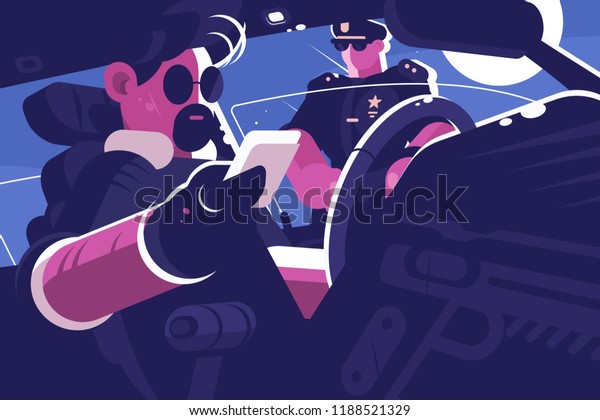 Driver stop by police patrol\
document verification. Policeman inspection car and checking driver\
license or ID card. Flat style. Horizontal. Vector\
illustration.