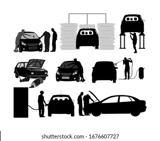 Driver take care of car vector silhouette isolated on white background. Mechanic worker in auto service. Car wash center. Gas station man fueling vehicle with gasoline. Broken car on road or garage.