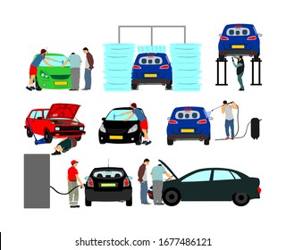 Driver take care of car vector illustration isolated on white background. Mechanic worker in auto service. Car wash center. Gas station man fueling vehicle with gasoline. Broken car on road or garage.