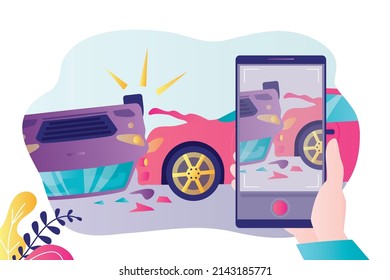 Driver takes pictures on mobile phone of traffic accident. Person crashed into automobile at high speed. Car overturned during collision. Dangerous transport situation. Flat vector illustration