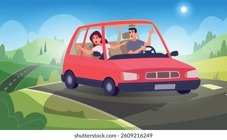 Driver talking. Passengers in different situations inside car exact vector cartoon background illustration