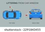 Driver throws out a used plastic cup on the ground from the front open window. Back and top view. Isolated flat vector illustration template.