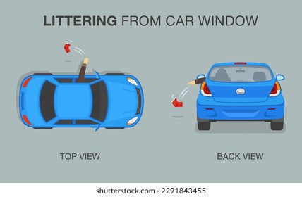 Driver throws out a used plastic cup on the ground from the front open window. Back and top view. Isolated flat vector illustration template.