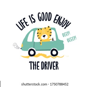 Driver tiger vector illustration for t-shirt design with slogan. Vector illustration design for fashion fabrics, textile graphics, prints.