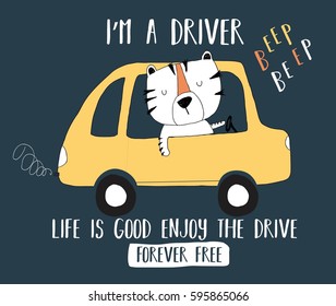 Driver tiger vector illustration for t-shirt design with slogan. Vector illustration design for fashion fabrics, textile graphics, prints.