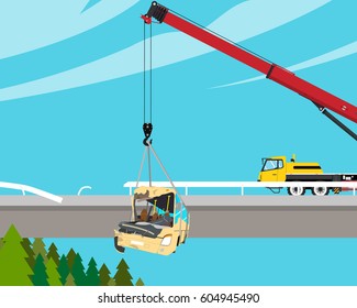 The driver of the tourist bus was tired and fell asleep at the wheel, the bus fell from the bridge and crashed. Vector illustration