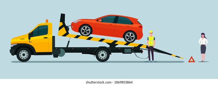 The driver of the tow truck is loading the faulty car. Woman car owner watches loading. Vector flat style illustration.