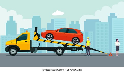 The driver of the tow truck is loading the faulty car. Woman car owner watches loading. Vector flat style illustration.