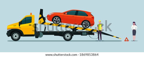 The\
driver of the tow truck is loading the faulty car. Woman car owner\
watches loading. Vector flat style\
illustration.