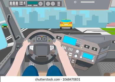 The driver is traveling in the city. City view from the cab of the truck. Vector illustration