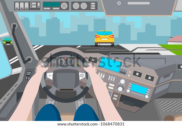 The driver is traveling in the\
city. City view from the cab of the truck. Vector\
illustration