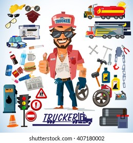 Driver, Trucker. Truck Driver Character Design With Icon Set. Typographic Design - Vector Illustration