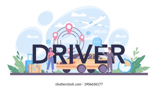 typografische Kopfzeile des Treibers. Automobil-Kabine mit Fahrer innen. Persönlicher Fahrer. Idee des öffentlichen Nahverkehrs. Einzelne flache Vektorgrafik