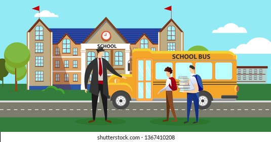 Driver in Uniform and Boys with Rucksacks on Back and Books in Hands Standing near Yellow Bus in Front of School Building at Roadside. Children Gaining Education. Cartoon Flat Vector Illustration.