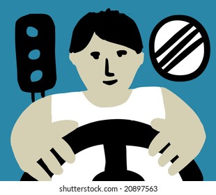 Driver. Unrecognizable person is looking like a driver. Several symbols of profession on the background.