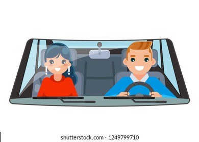 Driver vehicle passenger interior car ride wheel driving isolated flat design vector illustration