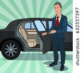 Driver Waiting near Black Limousine. Chauffeur of Luxury Car. Pop Art vector illustration
