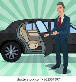 Driver Waiting near Black Limousine. Chauffeur of Luxury Car. Pop Art vector illustration