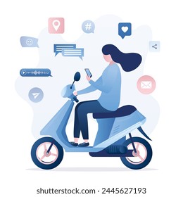 Driver woman ride on motorcycle and surfs internet, social media. Female character sits on bike and uses phone. Extreme driving. Socializing, entertainment and content viewing. Vector illustration