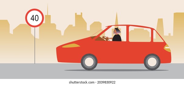 Driver woman, speed 40. Flat vector stock illustration. Limited road speed. Prohibition of fast driving in the city. Car driver. Maximum driving speed. Vector graphics