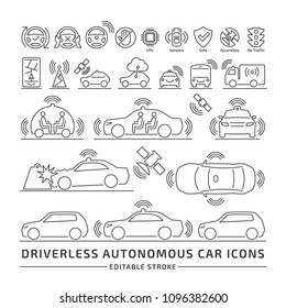 Driverless autonomous car editable stroke outline icons set.  Self-driving smart intelligent vehicle thin sign.