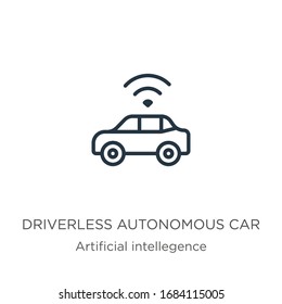 Driverless autonomous car icon. Thin linear driverless autonomous car outline icon isolated on white background from artificial intellegence and future technology collection. Line vector sign, symbol 