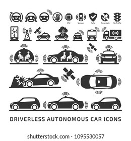 Driverless autonomous car icons set.  Self-driving smart intelligent vehicle symbols.