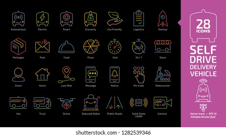 Driverless autonomous delivery vehicle editable stroke color outline icon set on a black background with self drive van car, drone, truck for packages, post, pizza and food transportation line symbols