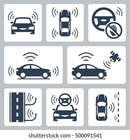 Driverless autonomous robotic car vector icon set