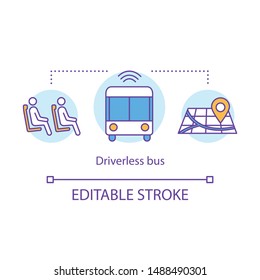 Driverless bus concept icon. Track route of transport. Transportation of passengers in bus with Wi-Fi idea thin line illustration. Vector isolated outline drawing. Editable stroke