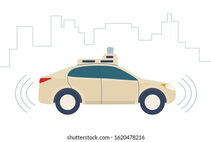 Driverless Car, autonomous vehicle, auto with autopilot and city background. Vector illustration in flat style