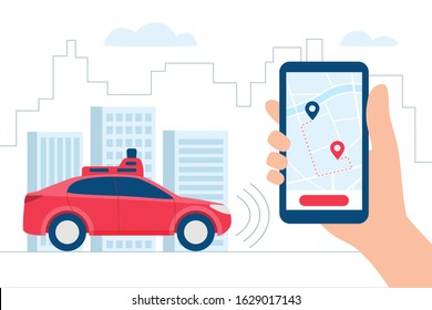 Driverless Car, autonomous vehicle, auto with autopilot Concept. Red car and hand holding smartphone with app. Vector illustration in flat style