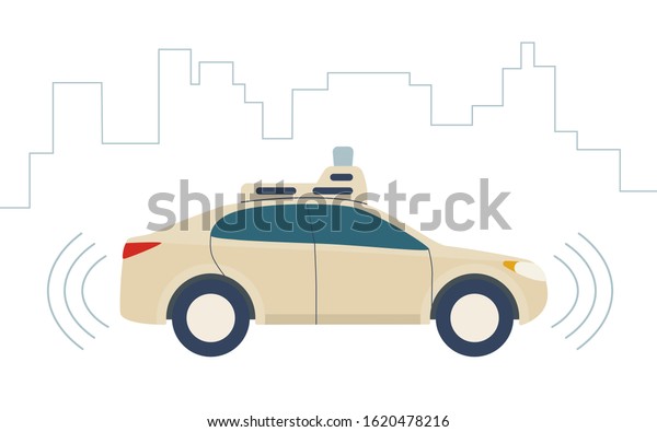 Driverless Car,\
autonomous vehicle, auto with autopilot and city background. Vector\
illustration in flat\
style
