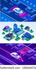 Driverless car banner set. Isometric set of driverless car vector banner for web design