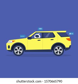 Driverless car concept, cute robot driving a SUV car, side view