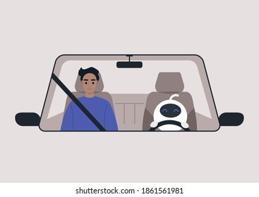 A driverless car concept, a white cute robot driving a vehicle with a passenger on a front seat