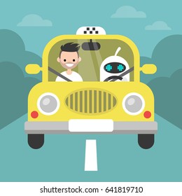 Driverless car conceptual illustration. Cute robot driving a taxi with a passenger on the front seat / flat editable vector illustration, clip art