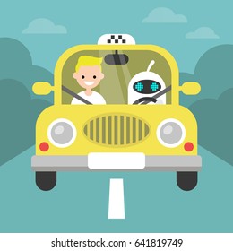 Driverless car conceptual illustration. Cute robot driving a taxi with a passenger on the front seat / flat editable vector illustration, clip art